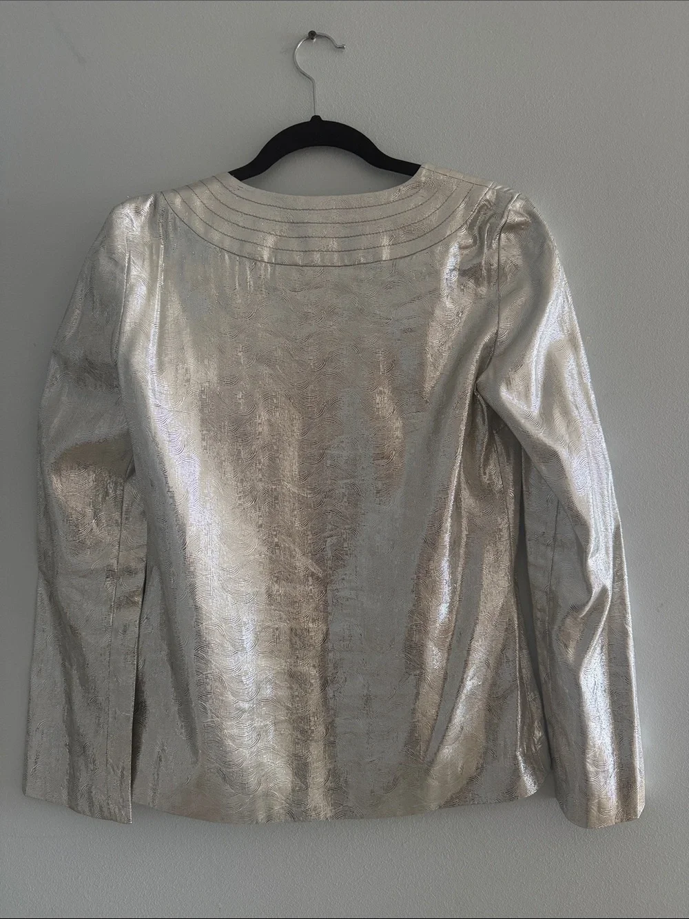 Vintage Tory Burch Metallic Silver Long-Sleeve Scoop-Neck Blouse